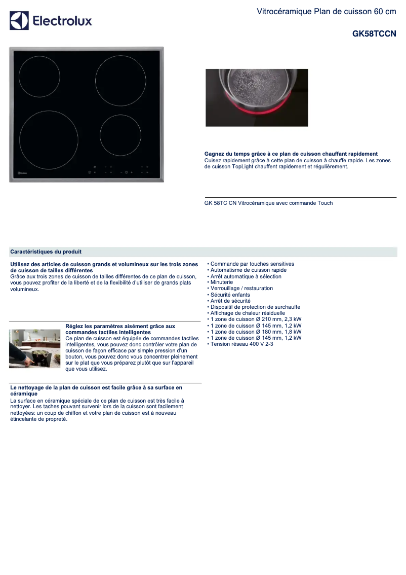 Página 1 del manual Ficha técnica Electrolux GK58TCCN