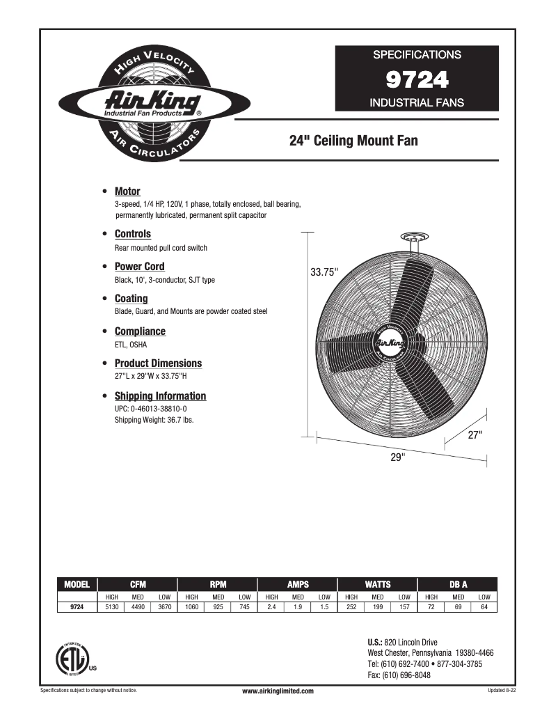 Page n°1 - Fiche technique Air King 9724