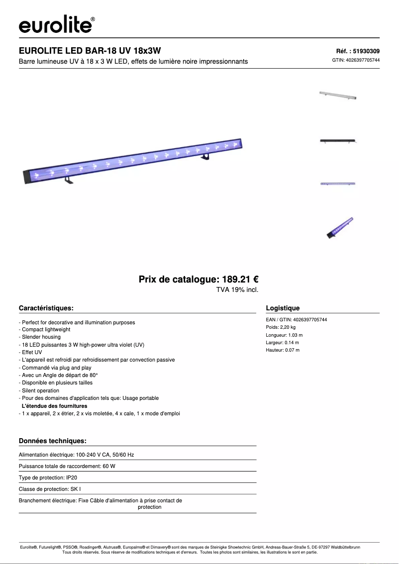 Page 1 de la notice Fiche technique Eurolite LED BAR-18