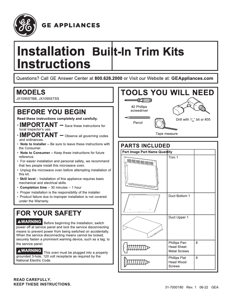 Page 1 de la notice Manuel utilisateur GE JX1095STBB