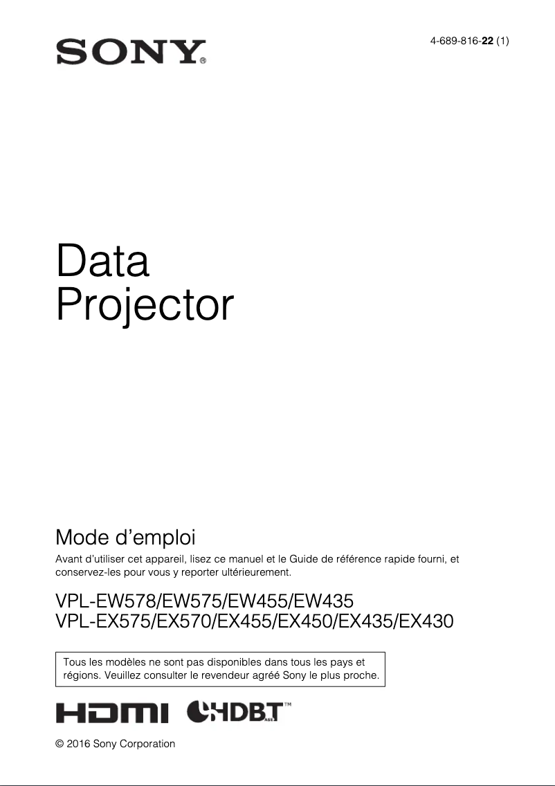 Page n°1 - Manuel utilisateur Sony VPL-EX430