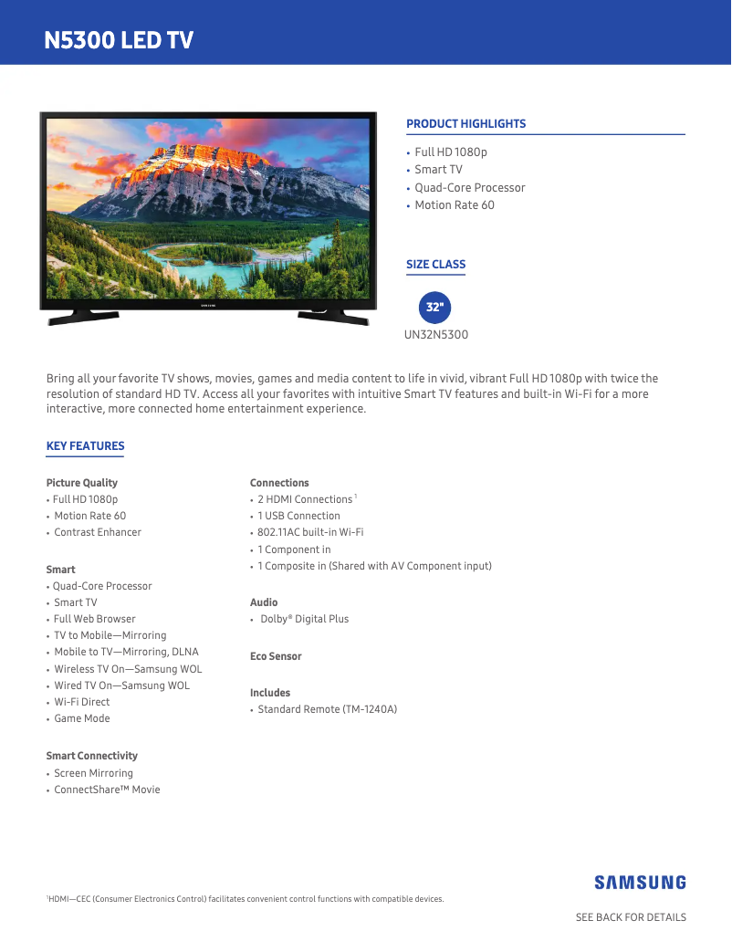 Page n°1 - Fiche technique Samsung UN32N5300