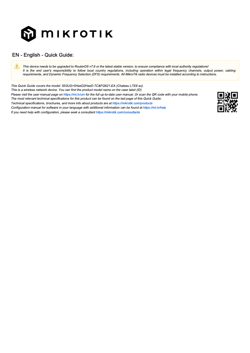 Page 1 de la notice Manuel utilisateur Mikrotik Chateau LTE6 ax