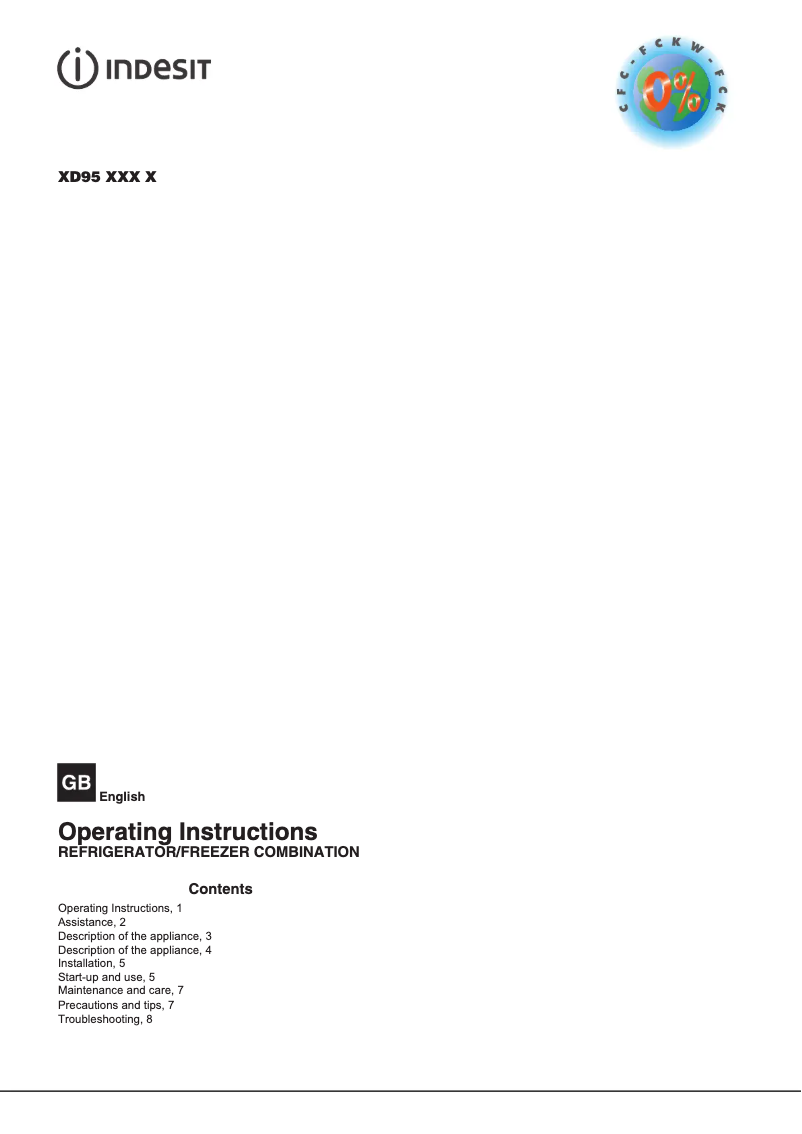 Page 1 de la notice Mode d'emploi Indesit XD95 T1I W