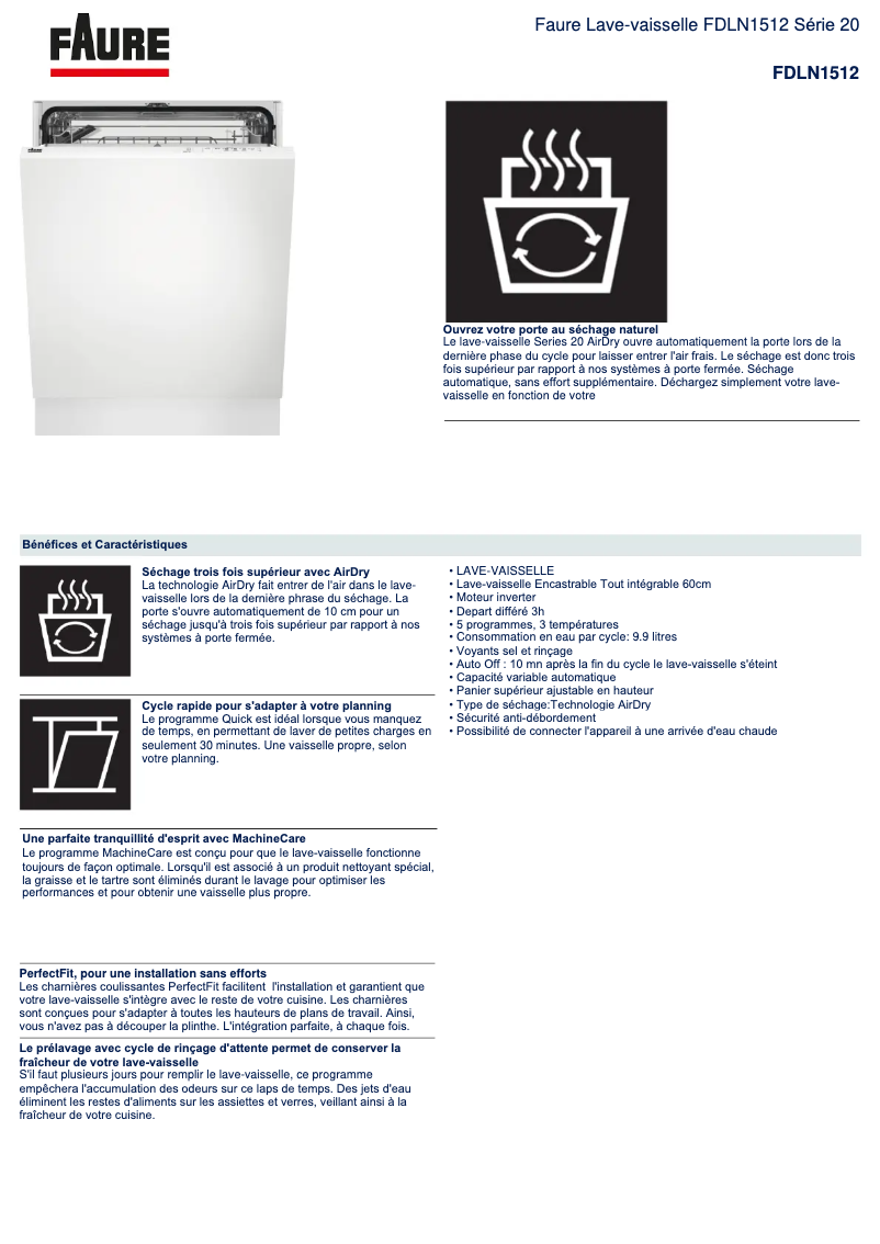 Página 1 del manual Ficha técnica Faure FDLN1512