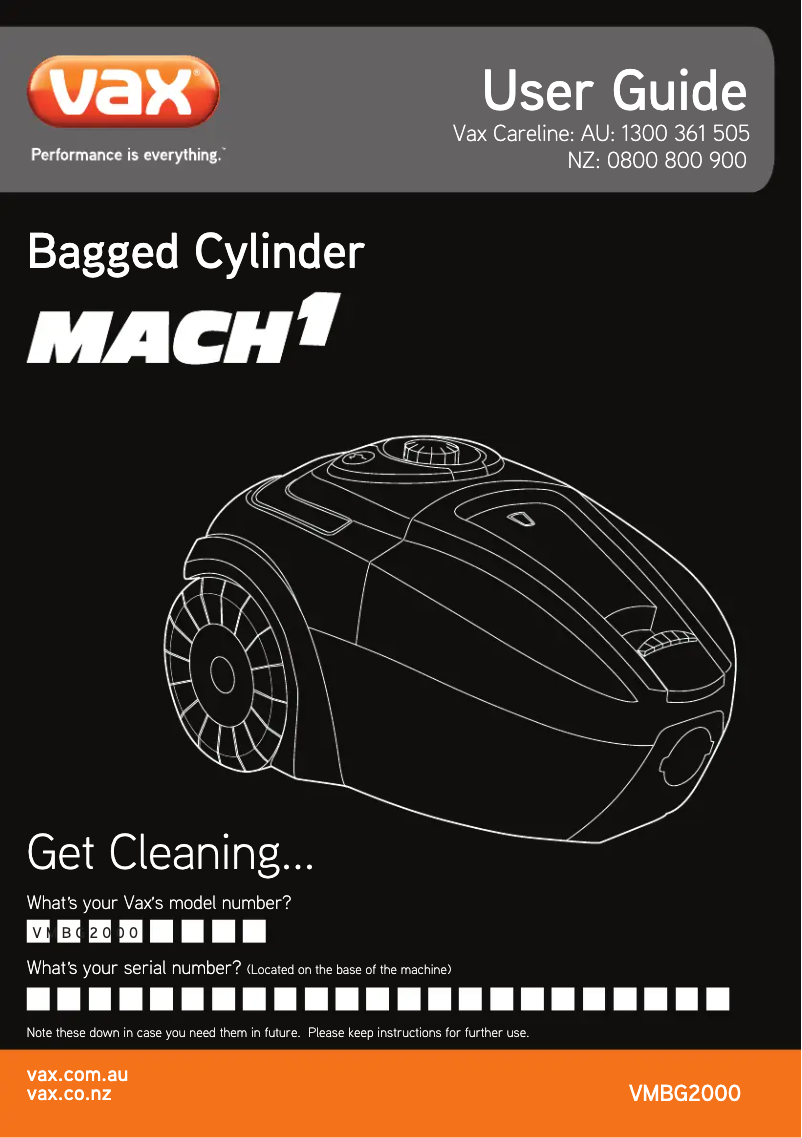 Page 1 de la notice Manuel utilisateur Vax Mach 1 VMBG2000