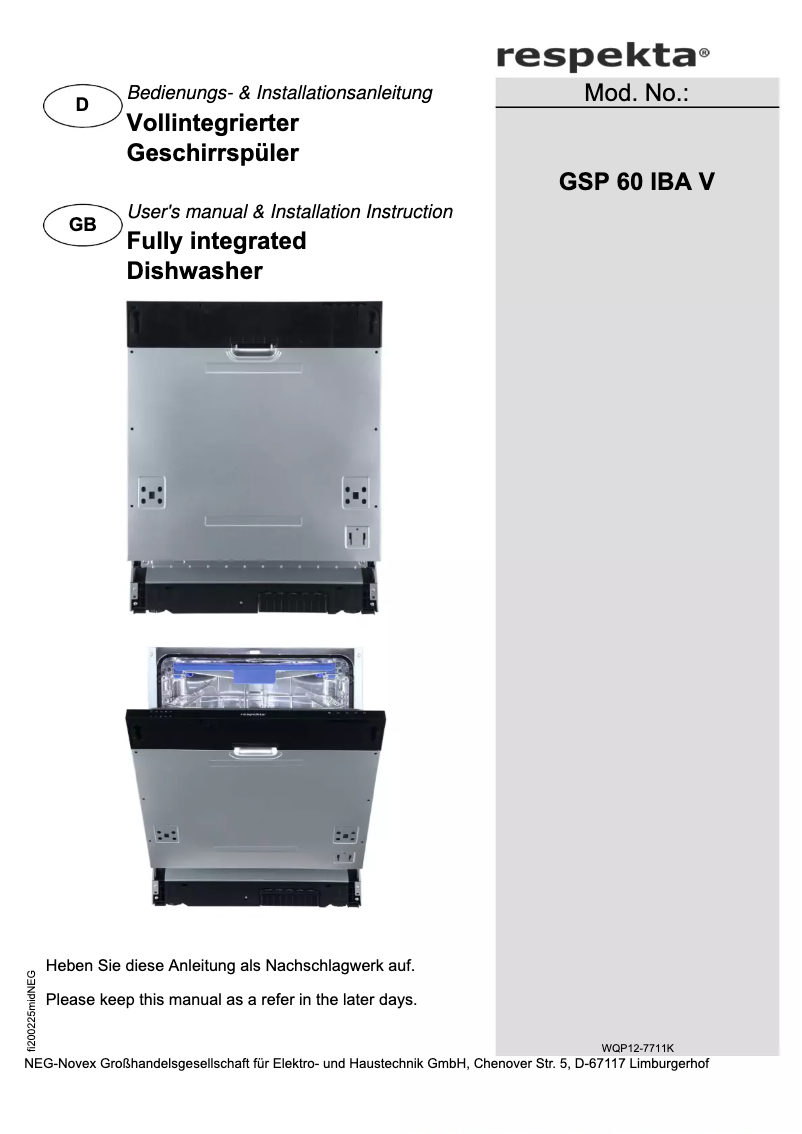 Page 1 de la notice Manuel utilisateur Respekta Anesa GSP60IBAV