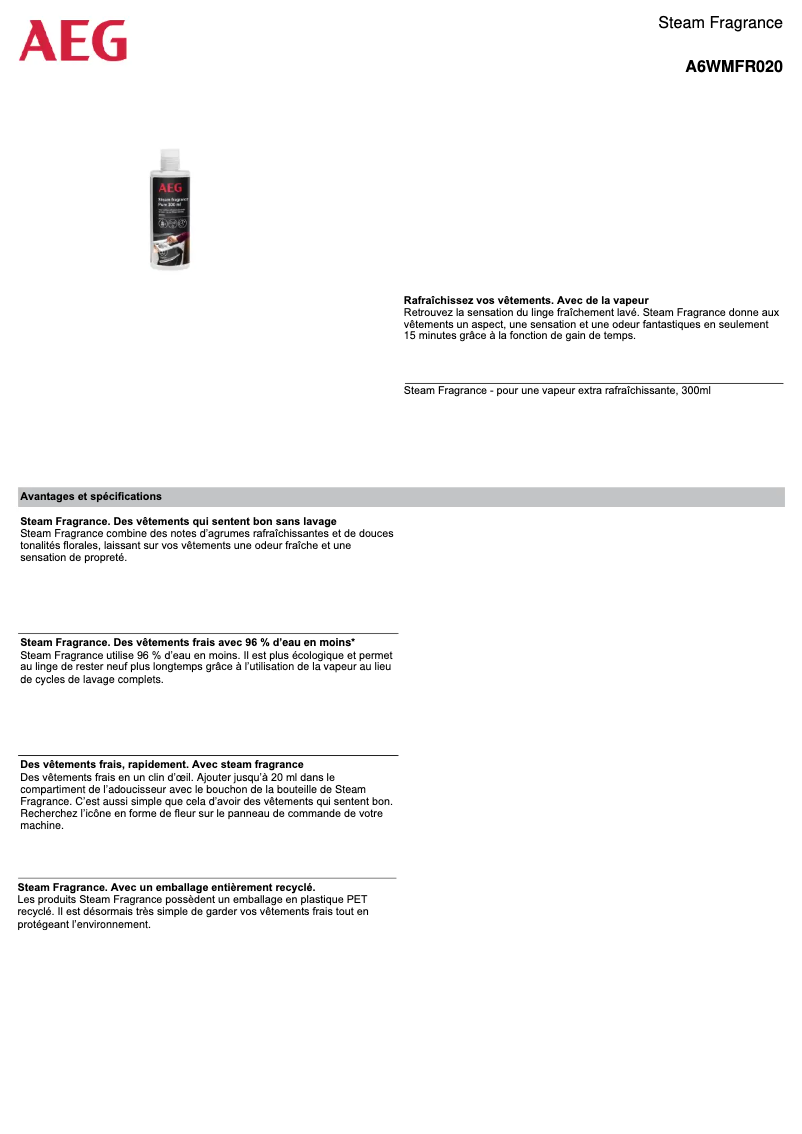 Page 1 de la notice Fiche technique AEG A6WMFR020
