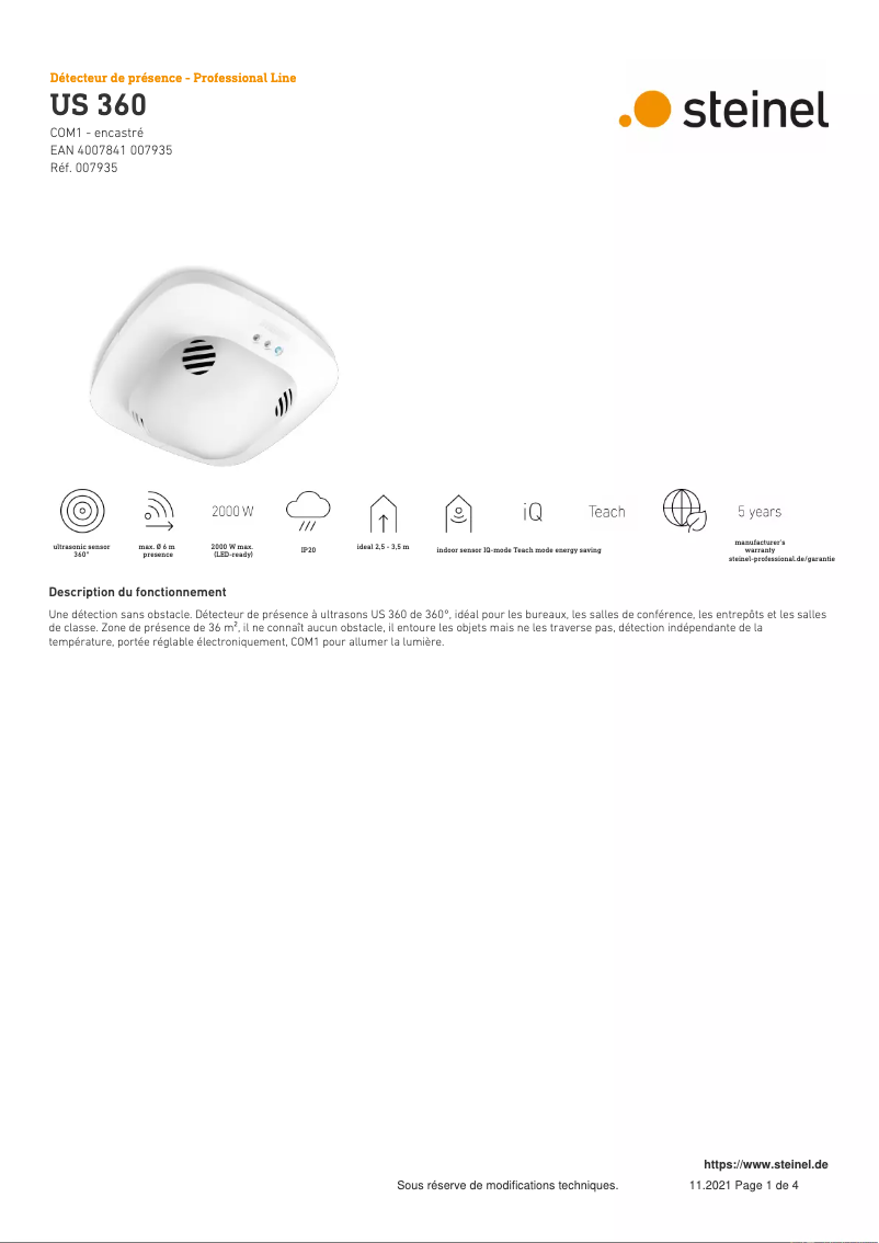 Page 1 de la notice Fiche technique Steinel US 360