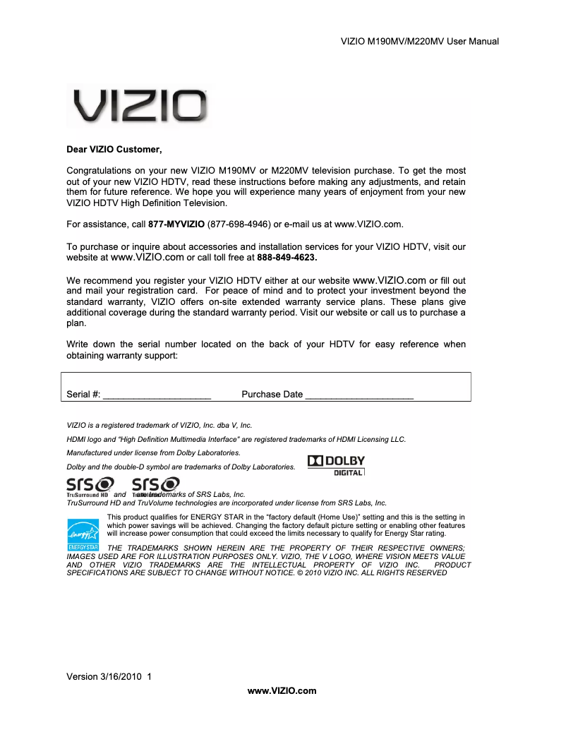 Page 1 de la notice Manuel utilisateur VIZIO M190MV