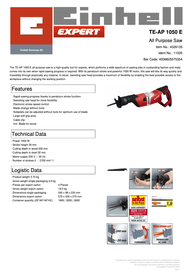 Page 1 de la notice Fiche technique Einhell TE-AP 1050 E