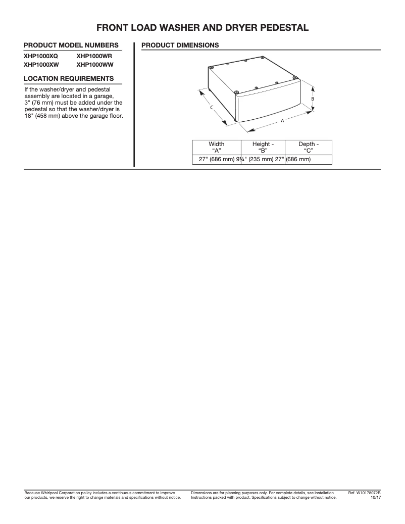 Page 1 de la notice Fiche technique Whirlpool XHP1000X
