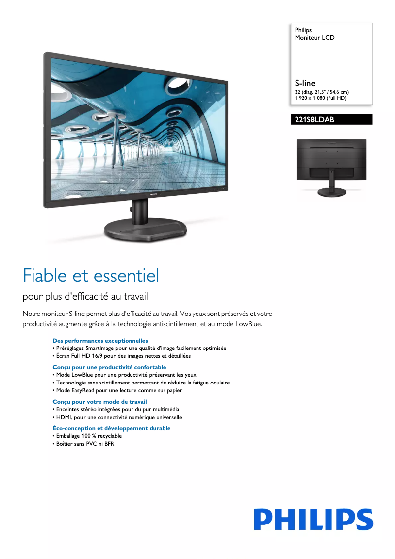 Page 1 de la notice Fiche technique Philips S Line 221S8LDAB