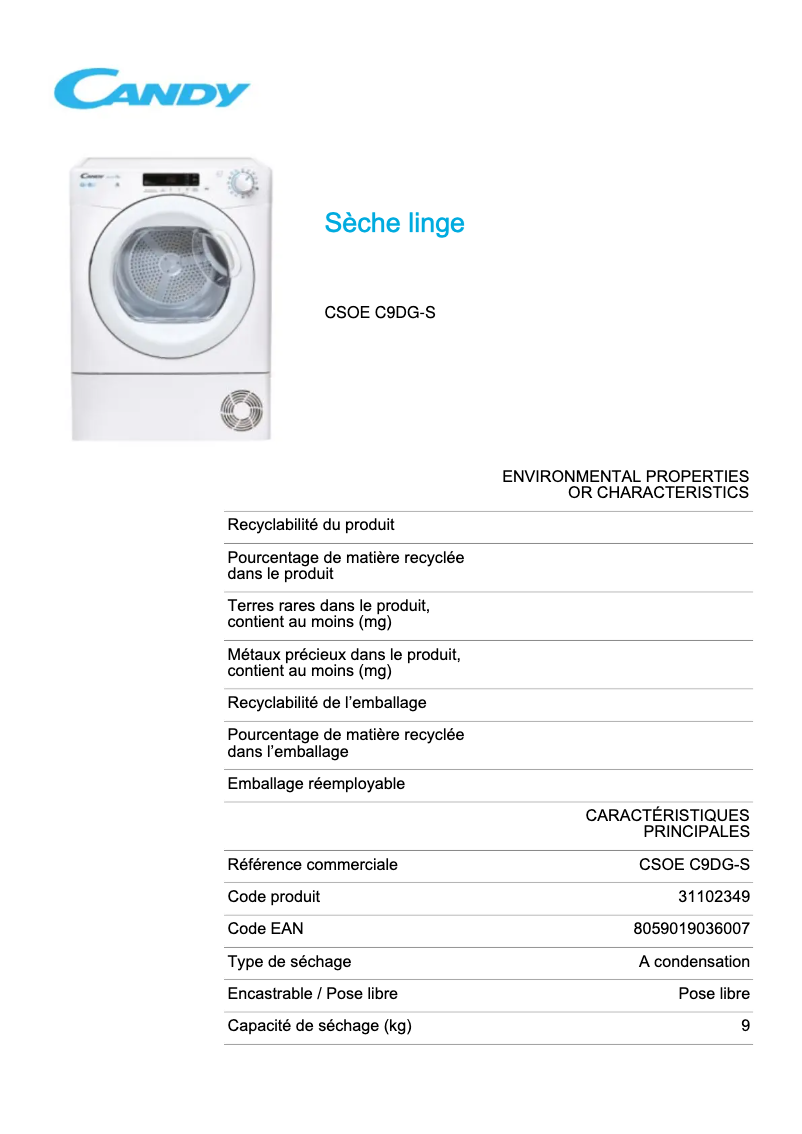 Page 1 de la notice Fiche technique Candy CSOE C9DG-S
