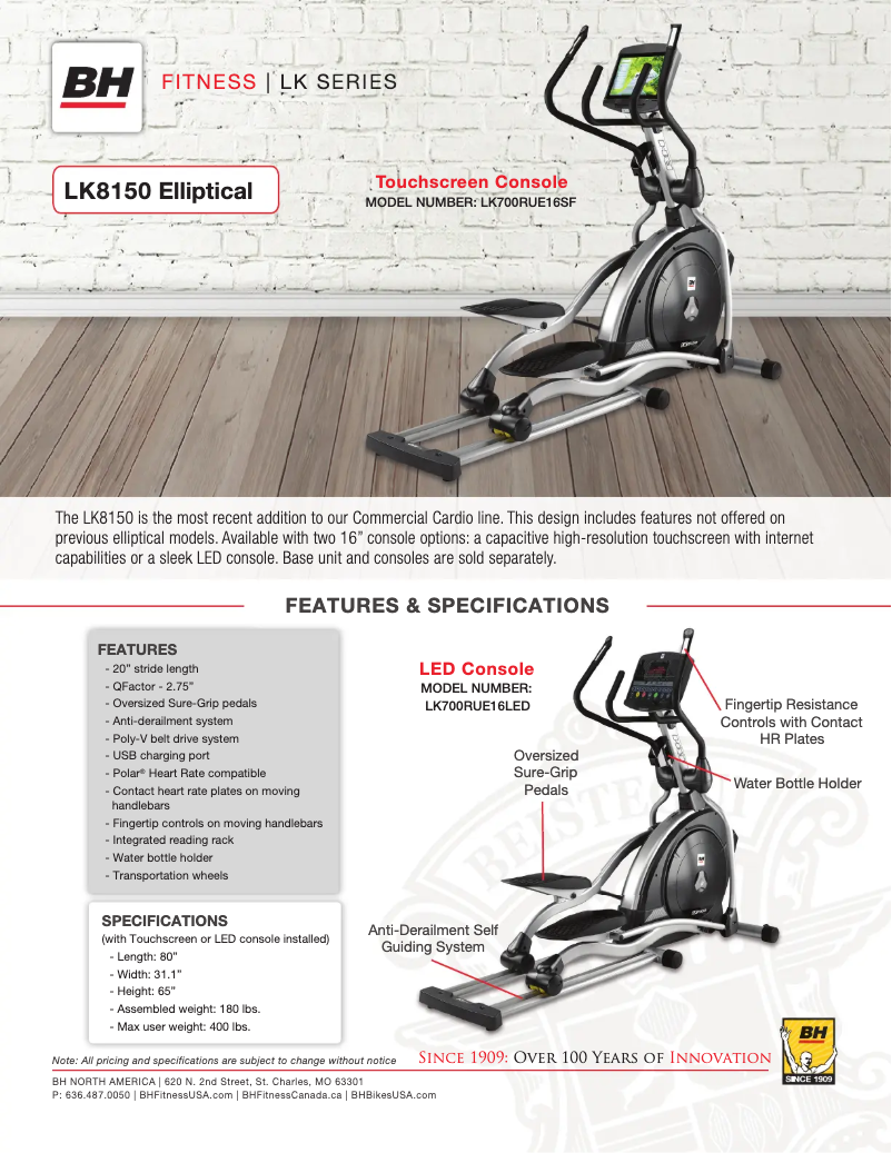 Page 1 de la notice Fiche technique BH Fitness LK8150 (TV)