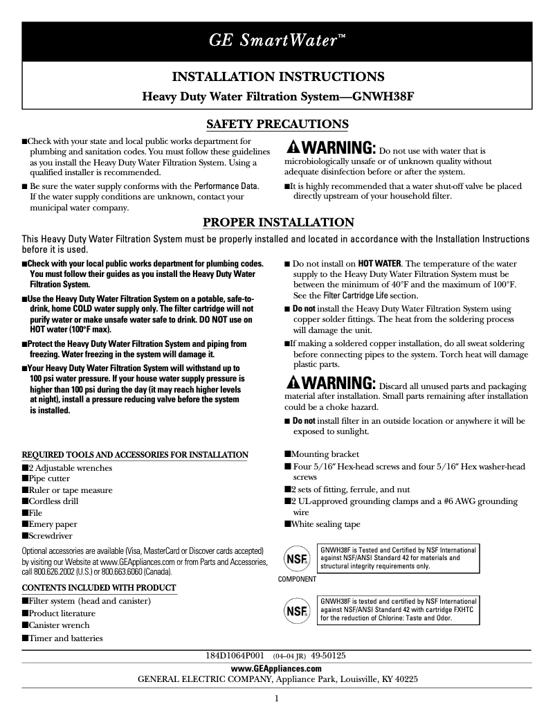 First page image of the manual for GNWH38F