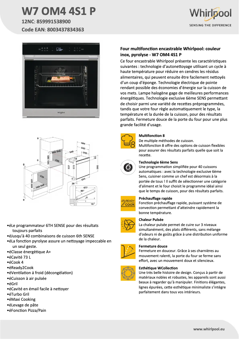 Página 1 del manual Ficha técnica Whirlpool W7 OM4 4S1 P