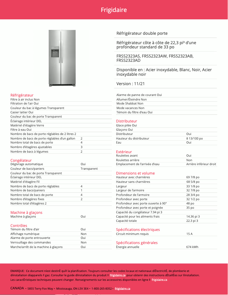 Page n°1 - Fiche technique Frigidaire FRSS2323AS