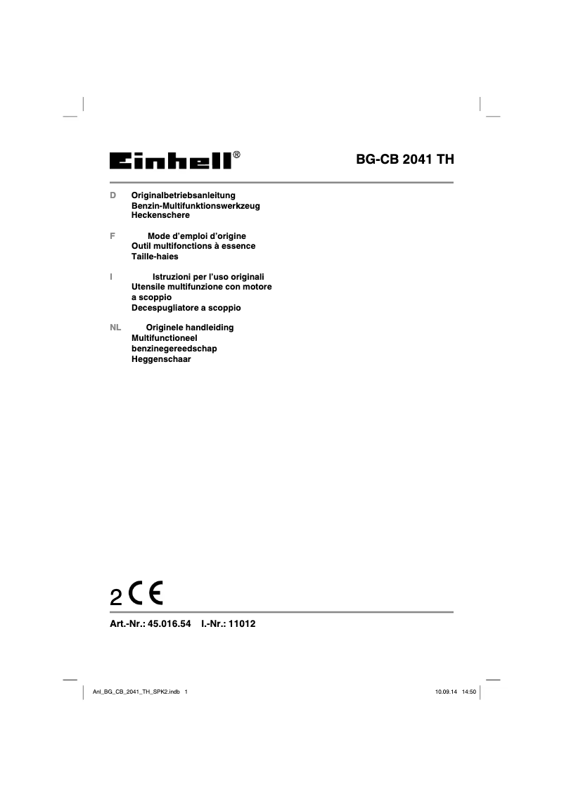 Page 1 de la notice Manuel utilisateur Einhell BG-CB 2041 TH