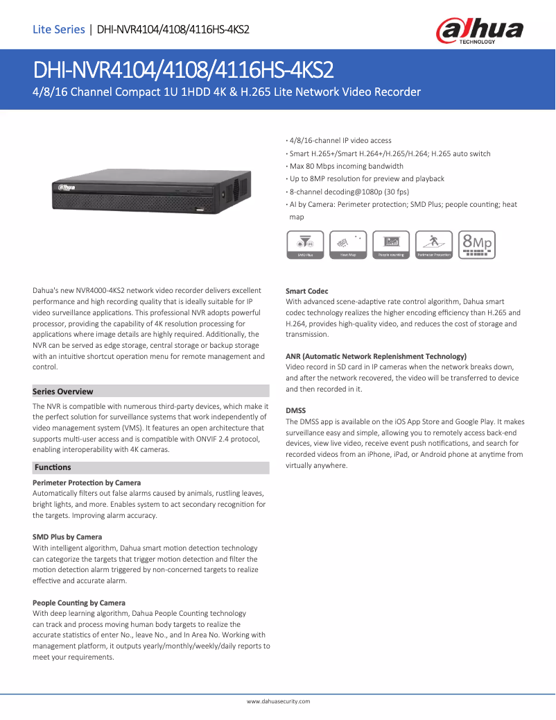 Page 1 de la notice Fiche technique Dahua Technology NVR4104-4KS2