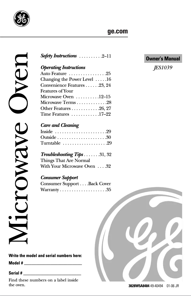 Page 1 of the manual User Manual GE JES1039WF