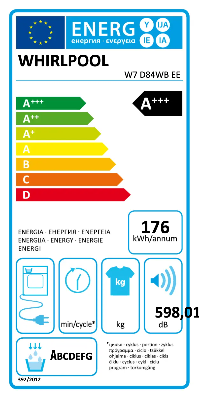 Page n°1 - Label énergétique Whirlpool W7 D84WB EE