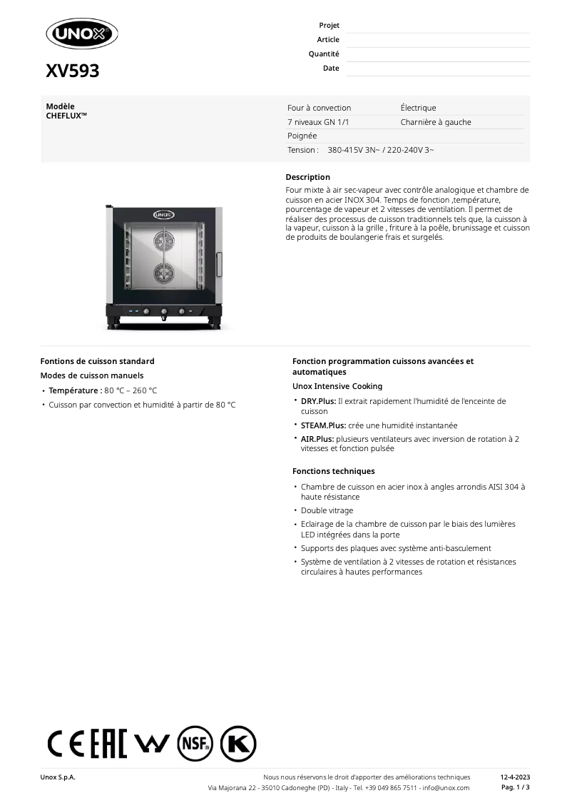 Page 1 de la notice Fiche technique Unox ChefLux