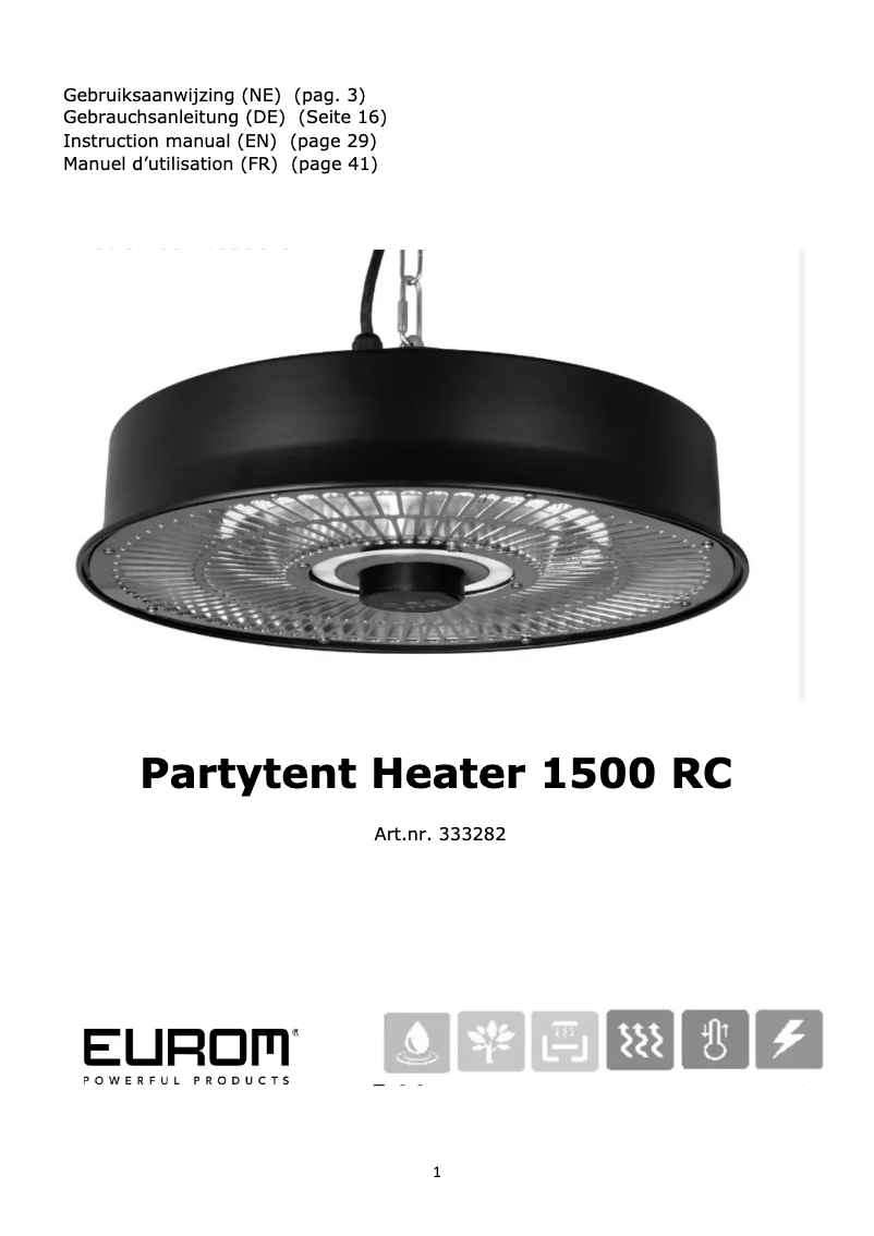 Page 1 de la notice Manuel utilisateur Eurom Partytent Heater 1500 RC