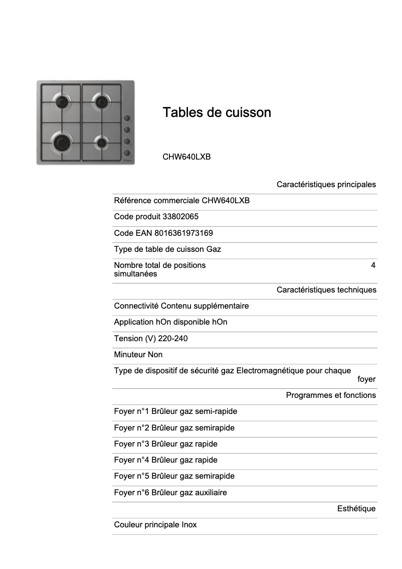 Page 1 de la notice Fiche technique Candy CHW640LXB