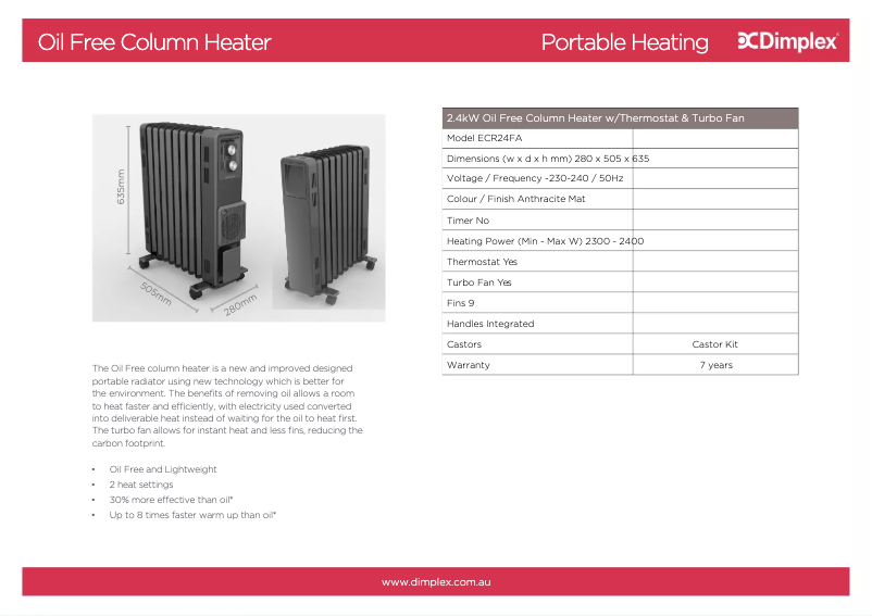 Page 1 de la notice Fiche technique Dimplex ECR24FA