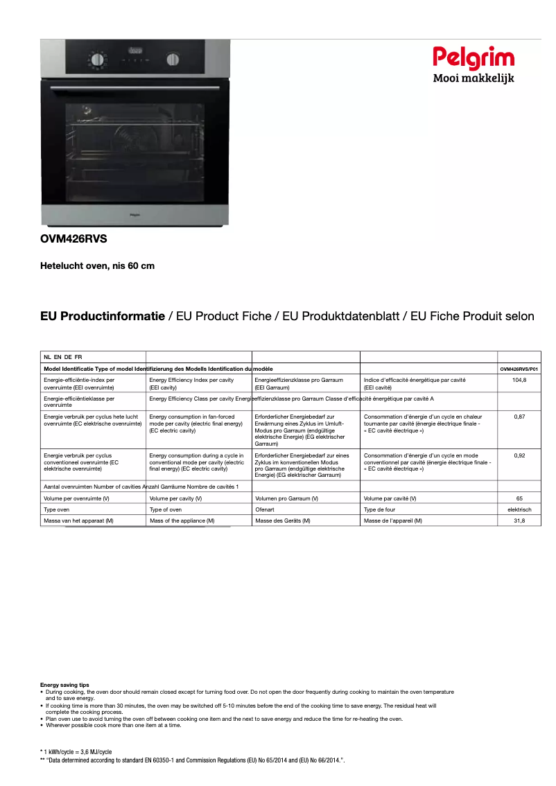 Página 1 del manual Ficha técnica Pelgrim OVM426MAT