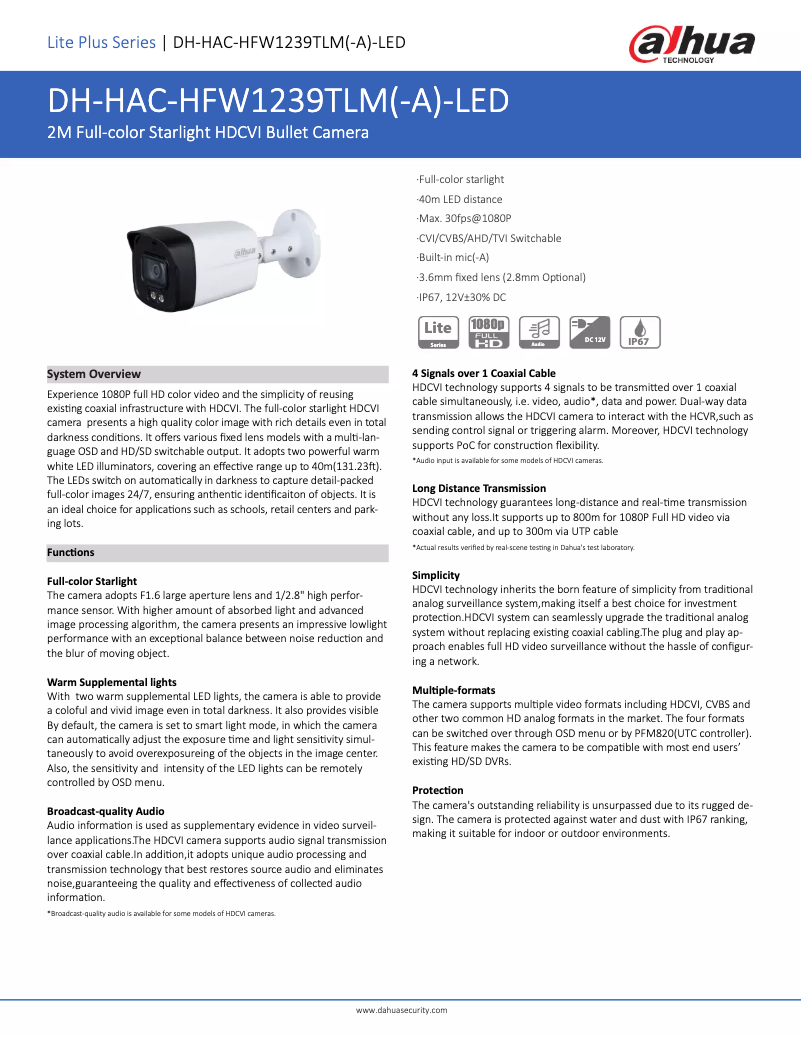 Página 1 del manual Ficha técnica Dahua Technology HAC-HFW1239TLM-A-LED
