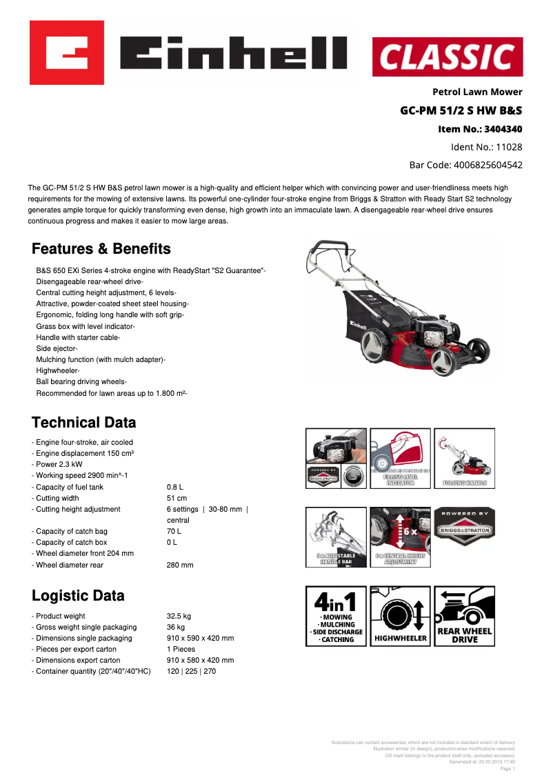 Page 1 de la notice Fiche technique Einhell GC-PM 51/2 S HW B&S