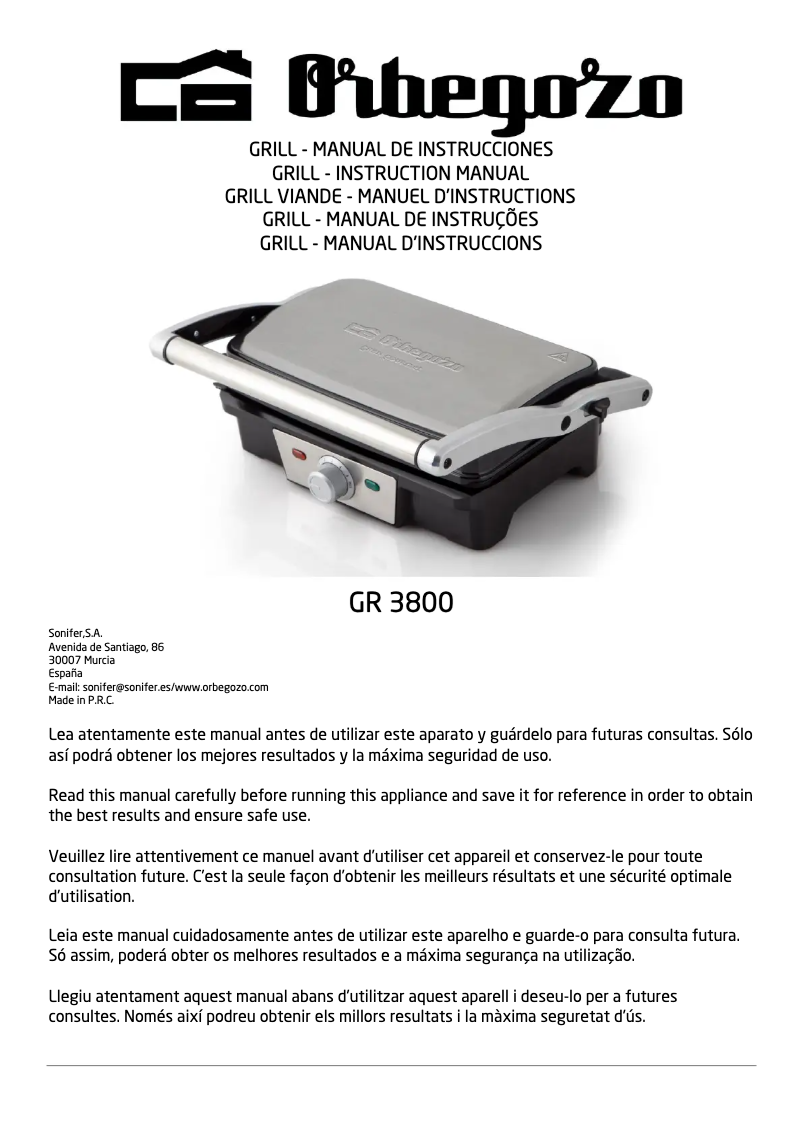 Page 1 de la notice Manuel utilisateur Orbegozo GR 3800