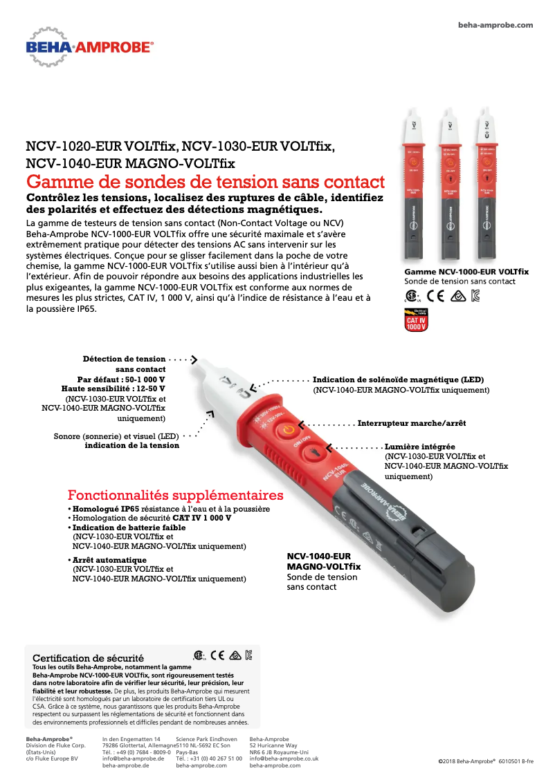 Page 1 de la notice Fiche technique Beha-Amprobe NCV-1020-EUR