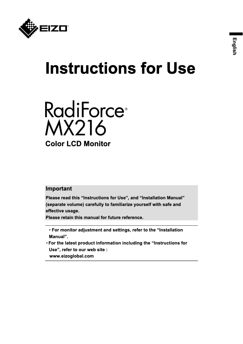 Image de la première page du manuel de l'appareil RadiForce MX216