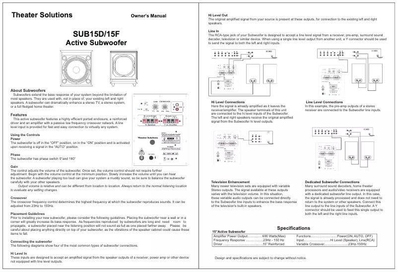 Page n°1 - Manuel utilisateur Theater Solutions SUB15F