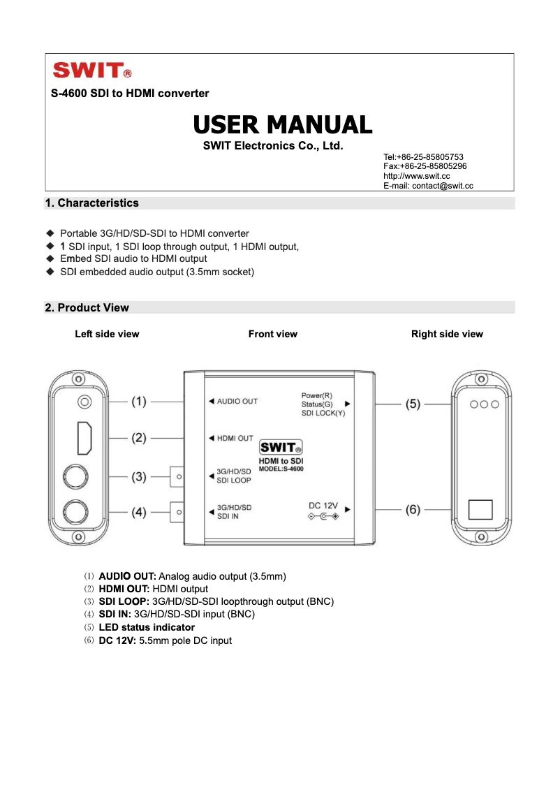 Page n°1 - Manuel utilisateur SWIT S-4600