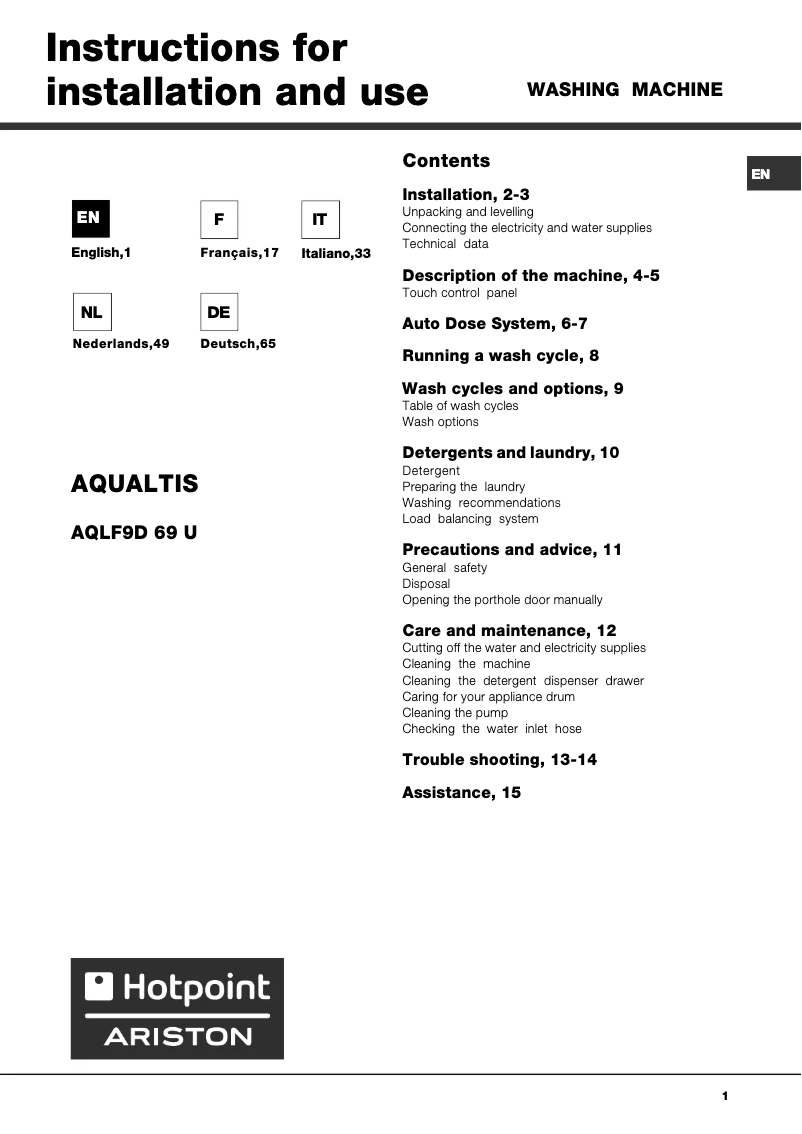 Page n°1 - Manuel utilisateur Hotpoint Ariston Aqualtis AQLF9D 69 U /A