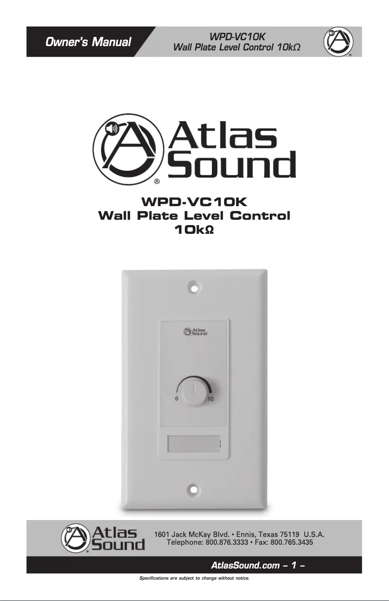 Page 1 de la notice Manuel utilisateur Atlas Sound WPD-VC10K