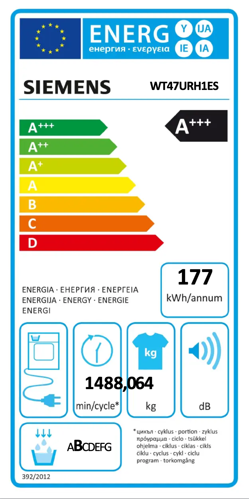 Page n°1 - Label énergétique Siemens WT47URH1ES