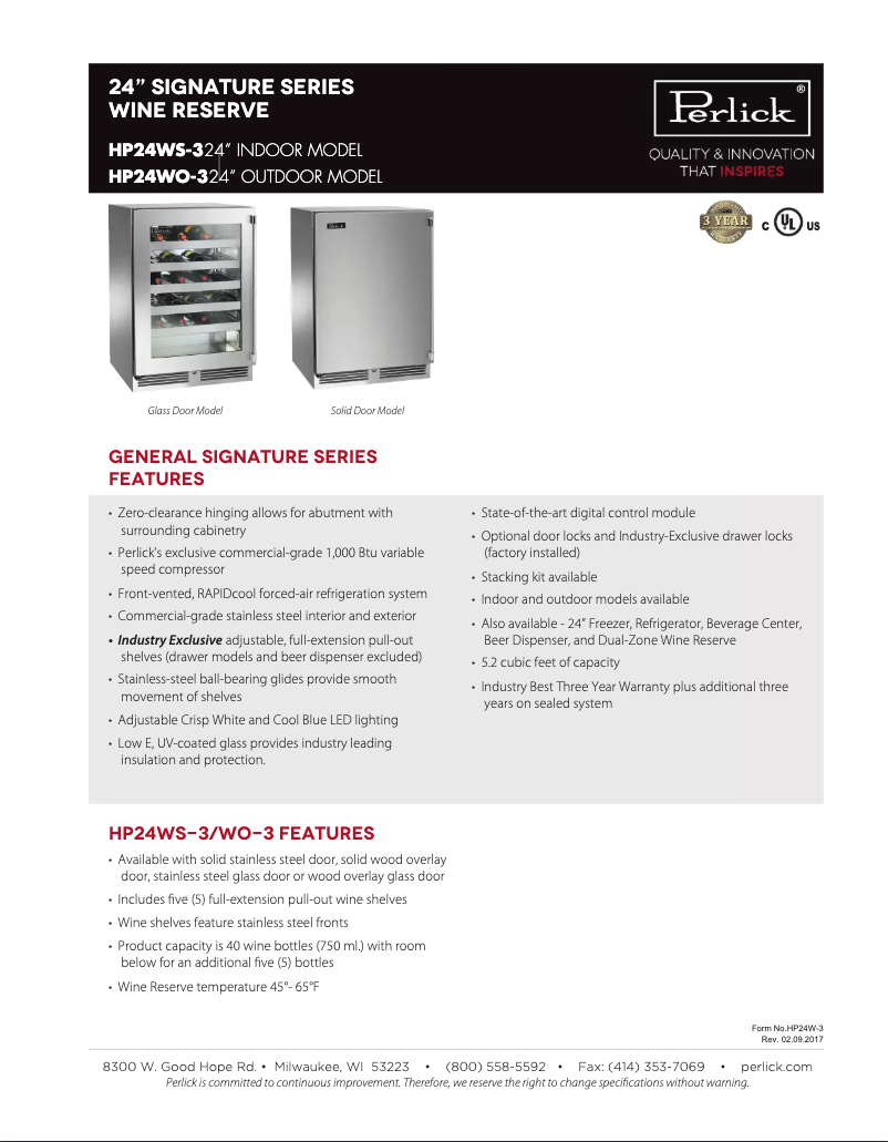 Page 1 de la notice Manuel utilisateur Perlick HP24WO-3-3L