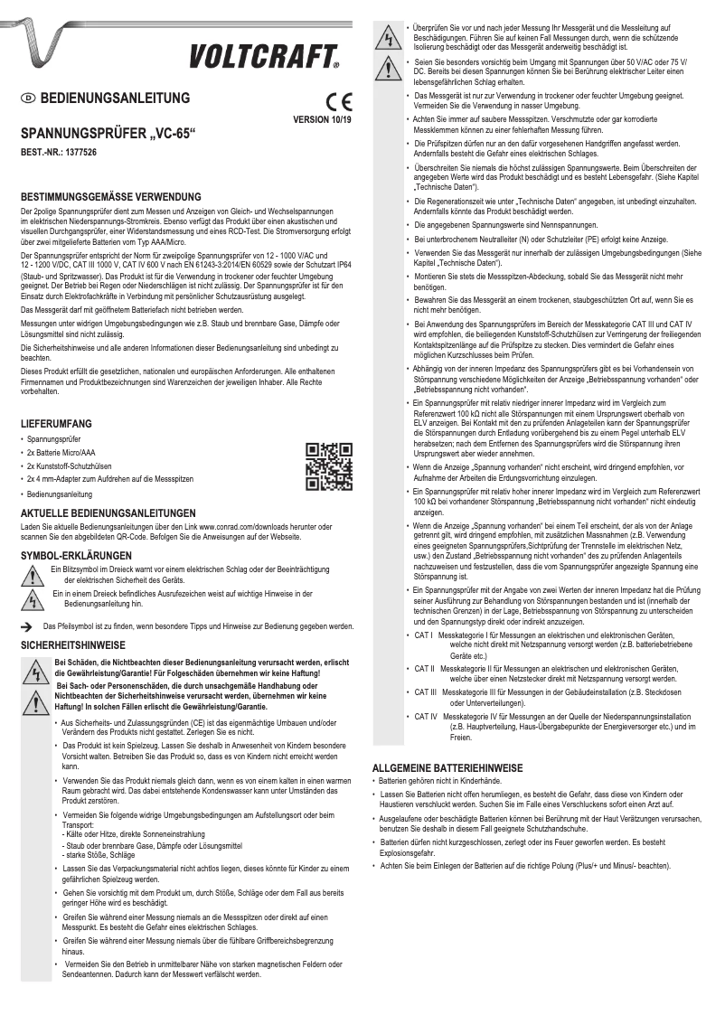 Page 1 de la notice Manuel utilisateur Voltcraft VC-65