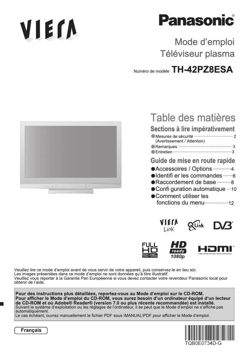 Page 1 de la notice Manuel utilisateur Panasonic Viera TH-42PZ8ESA
