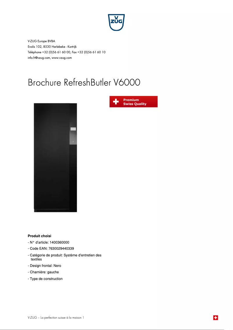 Page 1 de la notice Brochure V-Zug RefreshButler V6000