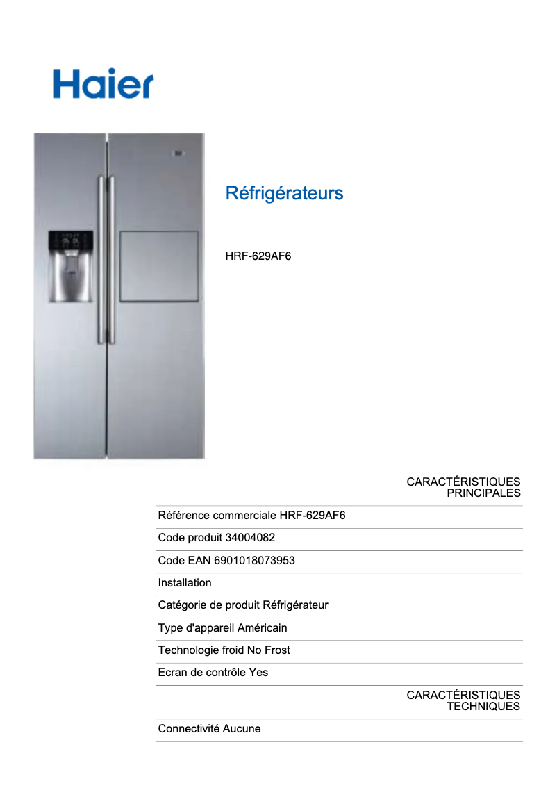 Page 1 de la notice Label énergétique Haier HRF-629AF6