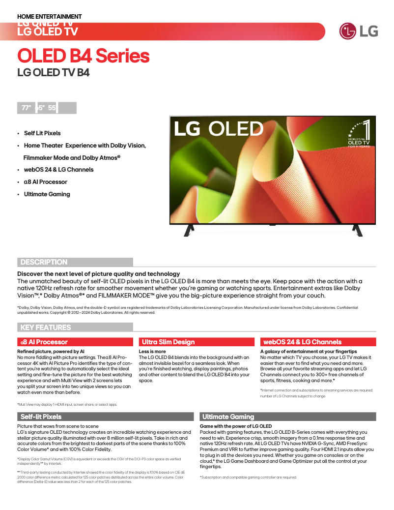 Page 1 de la notice Fiche technique LG OLED55B4PUA