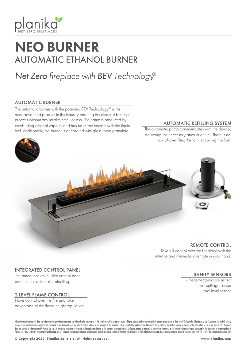 Page 1 de la notice Fiche technique Planika Neo
