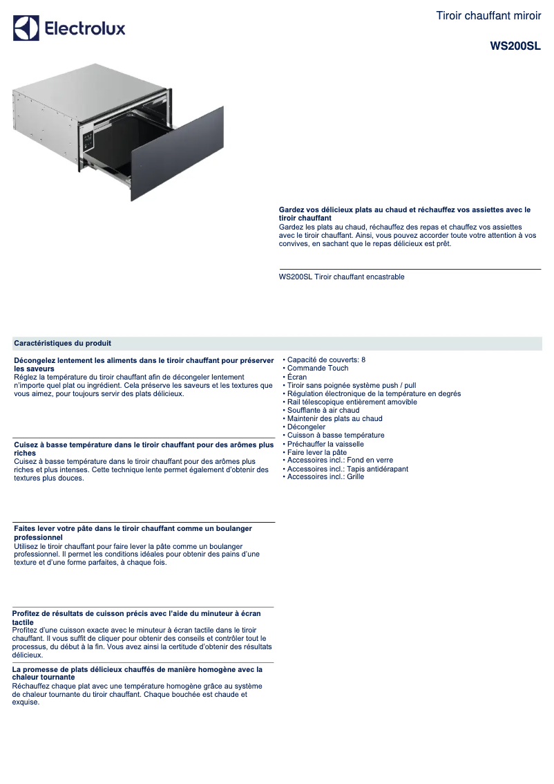 Page 1 de la notice Fiche technique Electrolux WS200SL