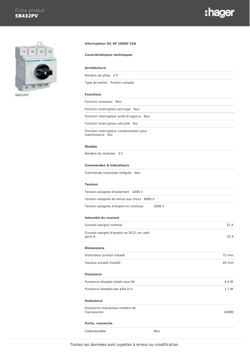 Page n°1 - Fiche technique Hager SB432PV